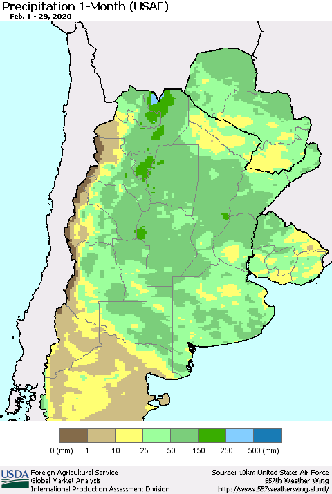 Southern South America Precipitation 1-Month (USAF) Thematic Map For 2/1/2020 - 2/29/2020
