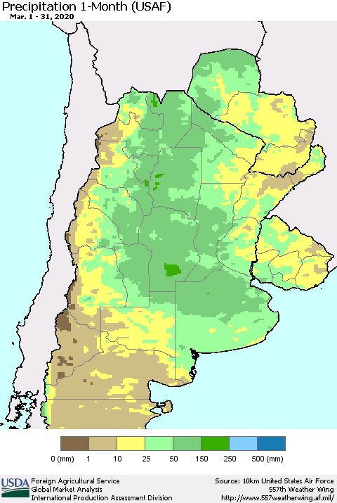 Southern South America Precipitation 1-Month (USAF) Thematic Map For 3/1/2020 - 3/31/2020