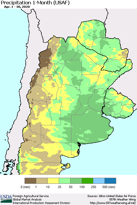 Southern South America Precipitation 1-Month (USAF) Thematic Map For 4/1/2020 - 4/30/2020