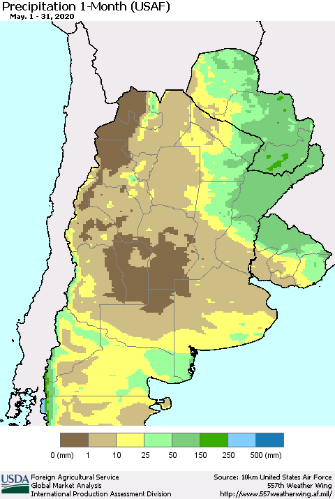 Southern South America Precipitation 1-Month (USAF) Thematic Map For 5/1/2020 - 5/31/2020