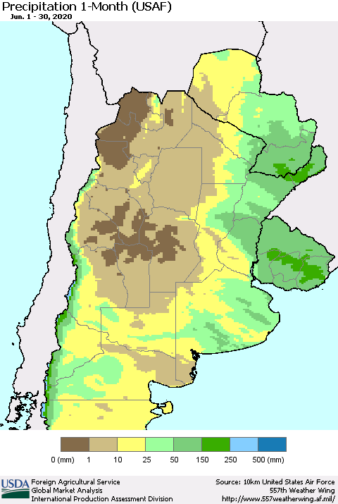 Southern South America Precipitation 1-Month (USAF) Thematic Map For 6/1/2020 - 6/30/2020