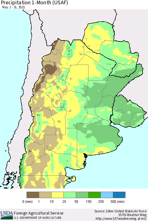 Southern South America Precipitation 1-Month (USAF) Thematic Map For 5/1/2021 - 5/31/2021