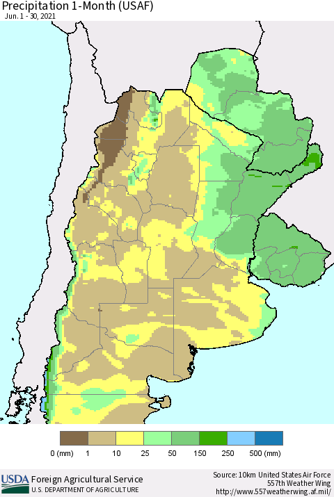 Southern South America Precipitation 1-Month (USAF) Thematic Map For 6/1/2021 - 6/30/2021