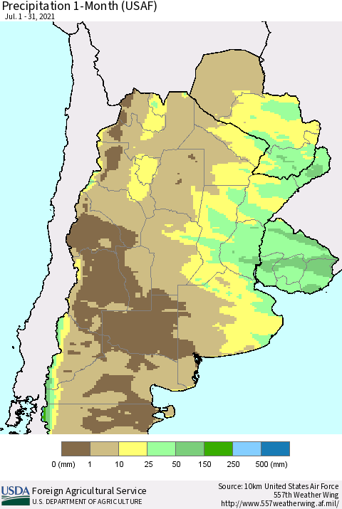 Southern South America Precipitation 1-Month (USAF) Thematic Map For 7/1/2021 - 7/31/2021