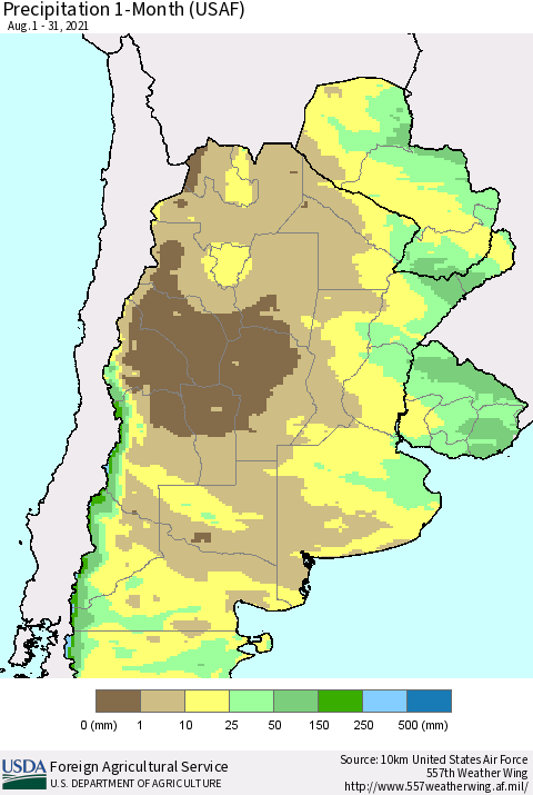 Southern South America Precipitation 1-Month (USAF) Thematic Map For 8/1/2021 - 8/31/2021