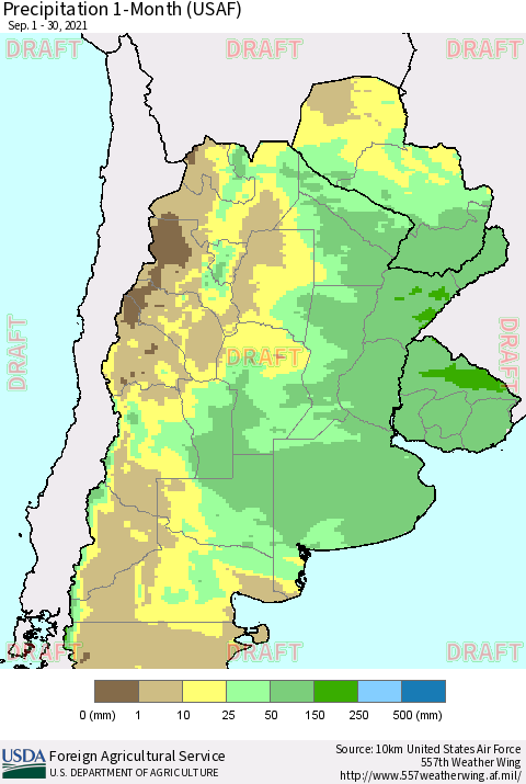 Southern South America Precipitation 1-Month (USAF) Thematic Map For 9/1/2021 - 9/30/2021