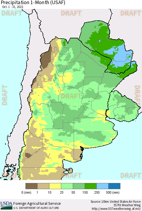 Southern South America Precipitation 1-Month (USAF) Thematic Map For 10/1/2021 - 10/31/2021