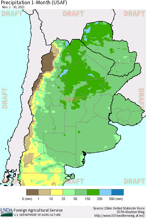 Southern South America Precipitation 1-Month (USAF) Thematic Map For 11/1/2021 - 11/30/2021