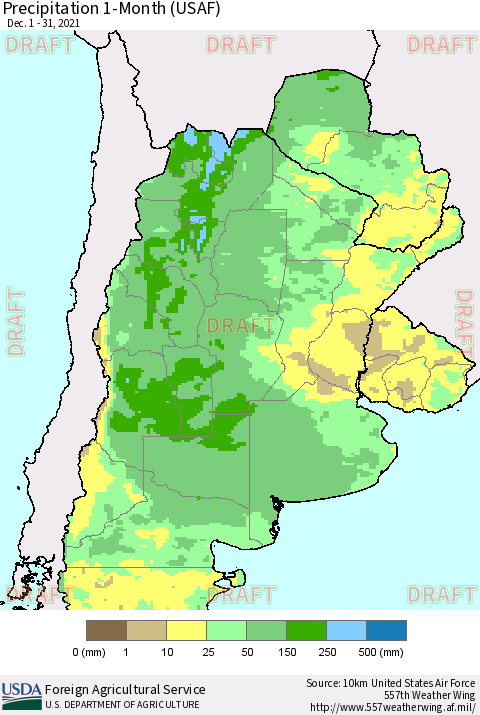 Southern South America Precipitation 1-Month (USAF) Thematic Map For 12/1/2021 - 12/31/2021