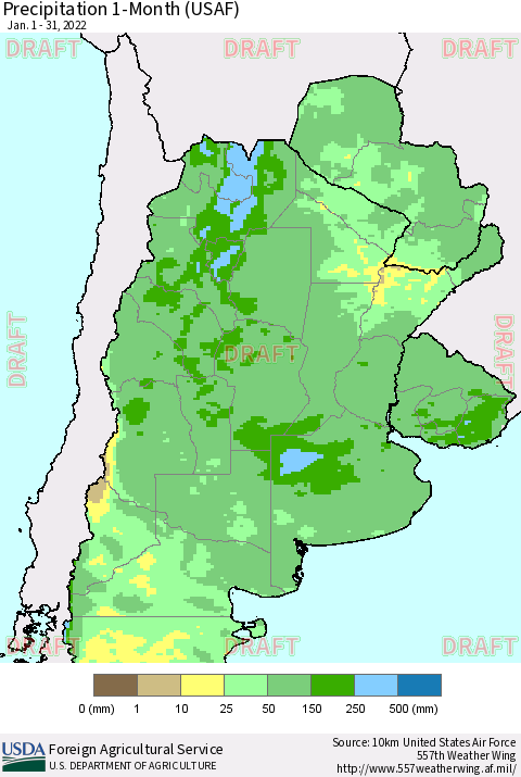 Southern South America Precipitation 1-Month (USAF) Thematic Map For 1/1/2022 - 1/31/2022