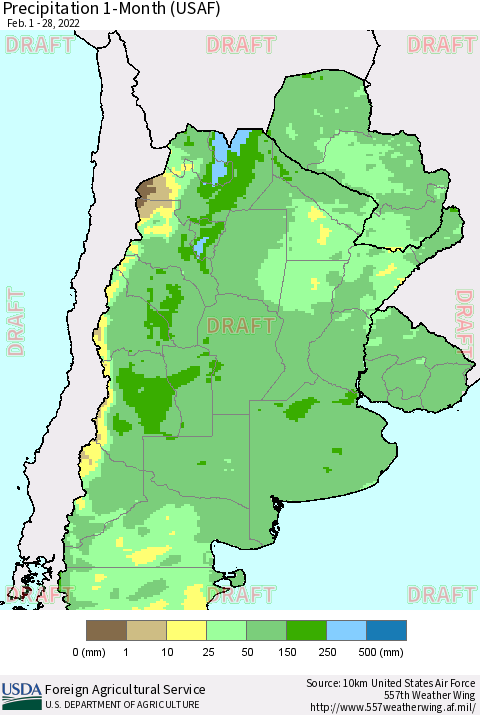 Southern South America Precipitation 1-Month (USAF) Thematic Map For 2/1/2022 - 2/28/2022