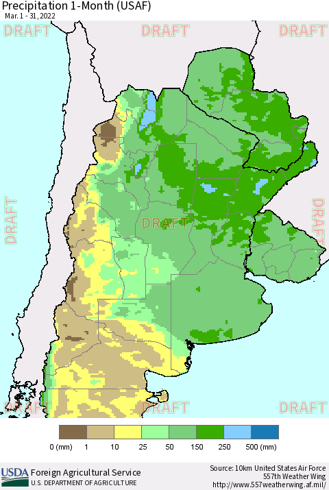 Southern South America Precipitation 1-Month (USAF) Thematic Map For 3/1/2022 - 3/31/2022