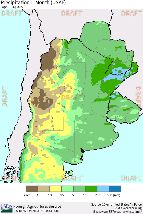 Southern South America Precipitation 1-Month (USAF) Thematic Map For 4/1/2022 - 4/30/2022