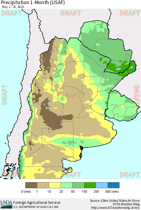 Southern South America Precipitation 1-Month (USAF) Thematic Map For 5/1/2022 - 5/31/2022