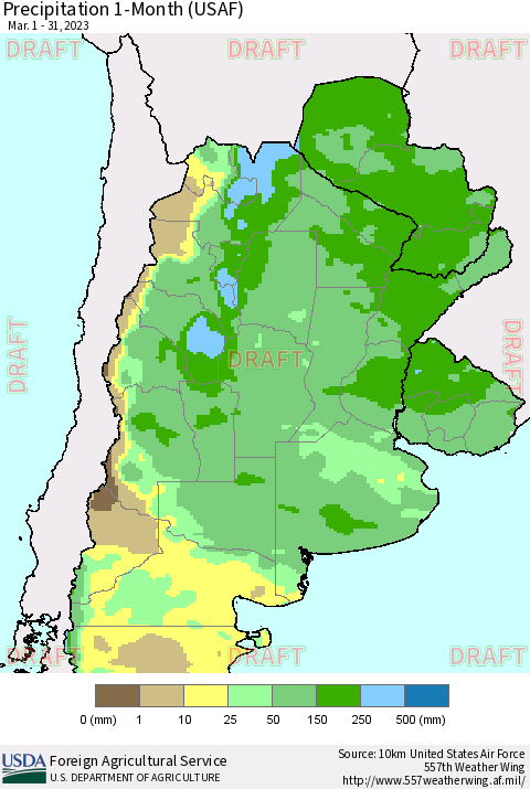 Southern South America Precipitation 1-Month (USAF) Thematic Map For 3/1/2023 - 3/31/2023