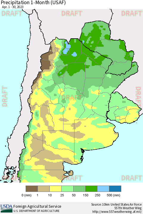 Southern South America Precipitation 1-Month (USAF) Thematic Map For 4/1/2023 - 4/30/2023