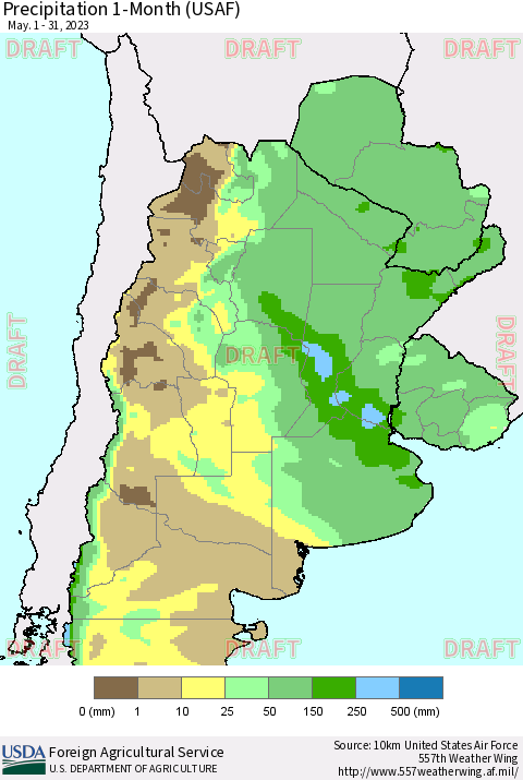 Southern South America Precipitation 1-Month (USAF) Thematic Map For 5/1/2023 - 5/31/2023