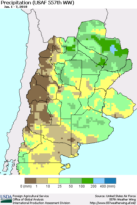 Southern South America Precipitation (USAF 557th WW) Thematic Map For 1/1/2018 - 1/7/2018