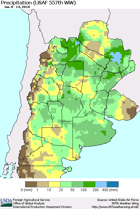 Southern South America Precipitation (USAF 557th WW) Thematic Map For 1/8/2018 - 1/14/2018