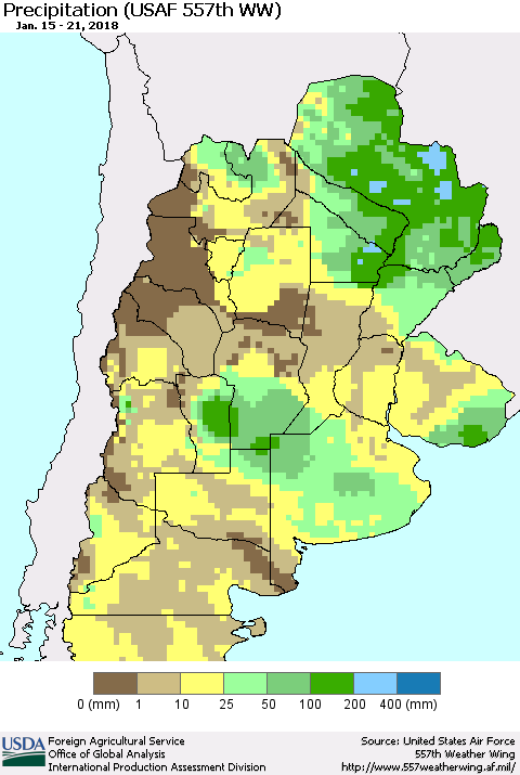 Southern South America Precipitation (USAF 557th WW) Thematic Map For 1/15/2018 - 1/21/2018