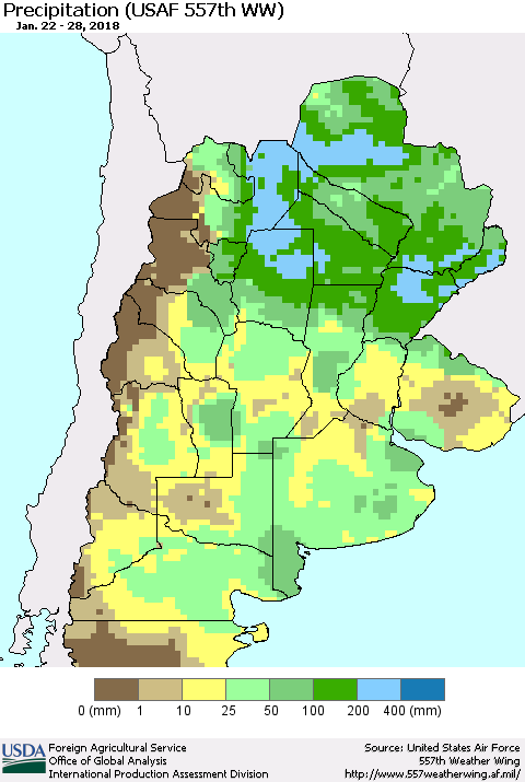 Southern South America Precipitation (USAF 557th WW) Thematic Map For 1/22/2018 - 1/28/2018