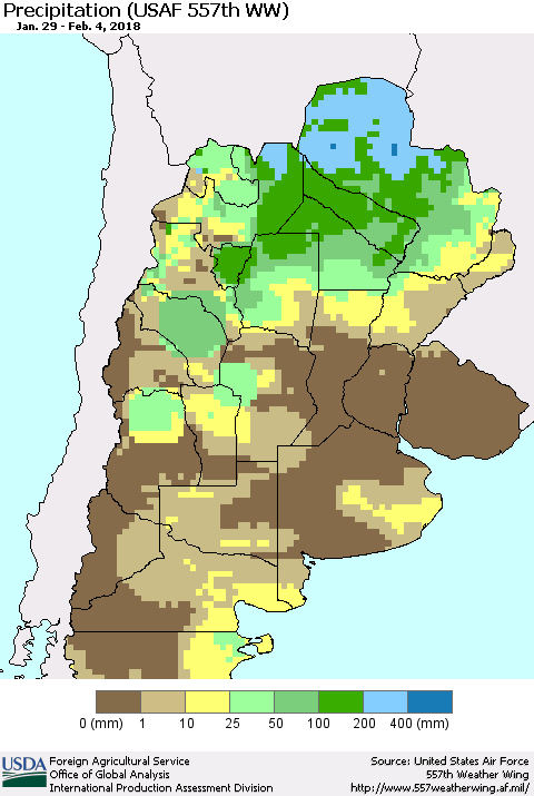 Southern South America Precipitation (USAF 557th WW) Thematic Map For 1/29/2018 - 2/4/2018