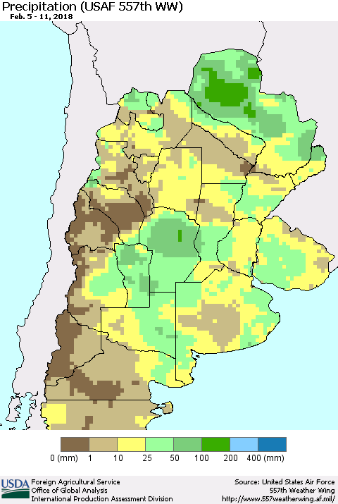 Southern South America Precipitation (USAF 557th WW) Thematic Map For 2/5/2018 - 2/11/2018
