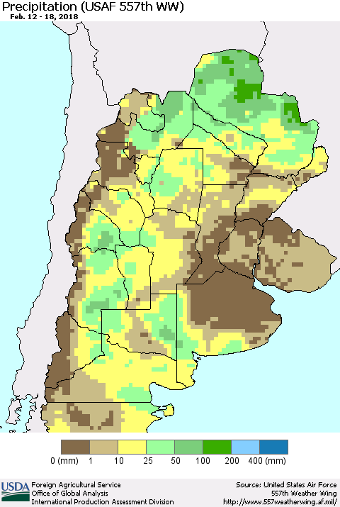 Southern South America Precipitation (USAF 557th WW) Thematic Map For 2/12/2018 - 2/18/2018
