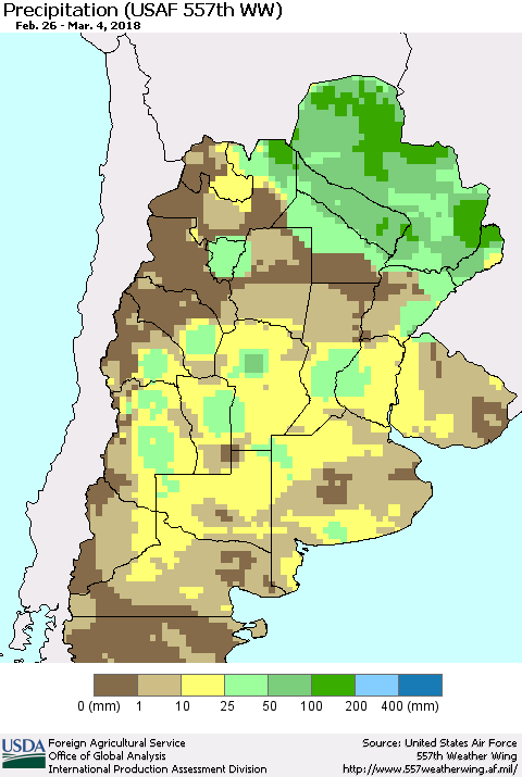 Southern South America Precipitation (USAF 557th WW) Thematic Map For 2/26/2018 - 3/4/2018