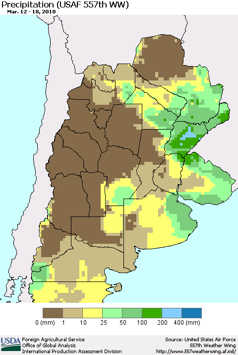 Southern South America Precipitation (USAF 557th WW) Thematic Map For 3/12/2018 - 3/18/2018