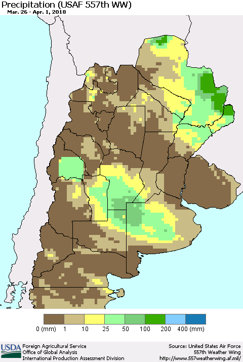 Southern South America Precipitation (USAF 557th WW) Thematic Map For 3/26/2018 - 4/1/2018
