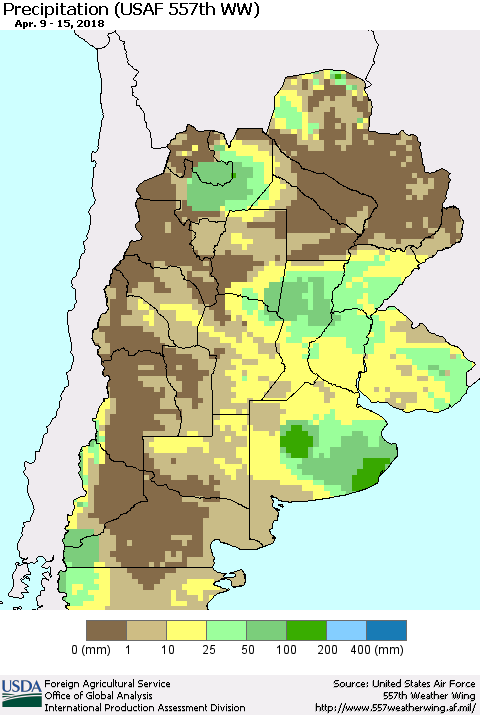 Southern South America Precipitation (USAF 557th WW) Thematic Map For 4/9/2018 - 4/15/2018