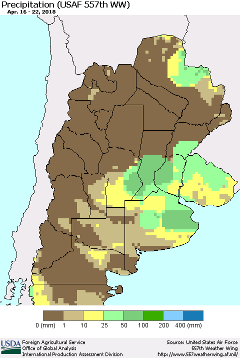 Southern South America Precipitation (USAF 557th WW) Thematic Map For 4/16/2018 - 4/22/2018