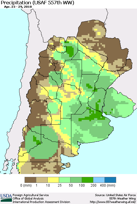 Southern South America Precipitation (USAF 557th WW) Thematic Map For 4/23/2018 - 4/29/2018