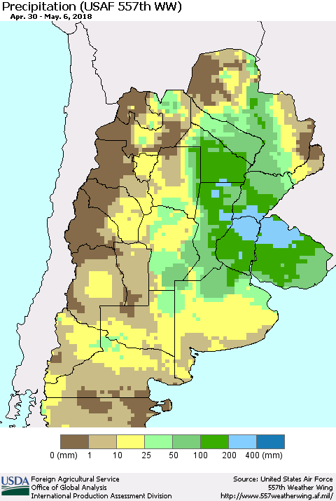 Southern South America Precipitation (USAF 557th WW) Thematic Map For 4/30/2018 - 5/6/2018