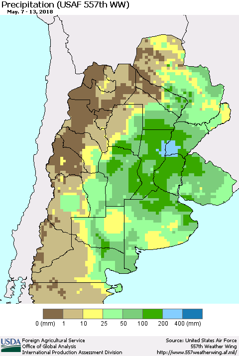 Southern South America Precipitation (USAF 557th WW) Thematic Map For 5/7/2018 - 5/13/2018