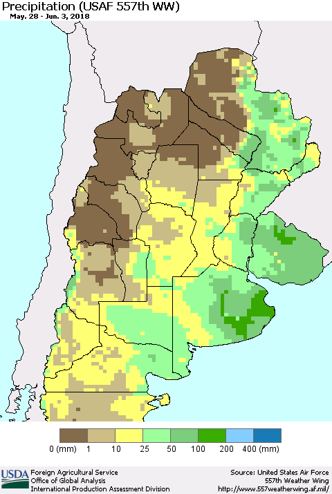 Southern South America Precipitation (USAF 557th WW) Thematic Map For 5/28/2018 - 6/3/2018