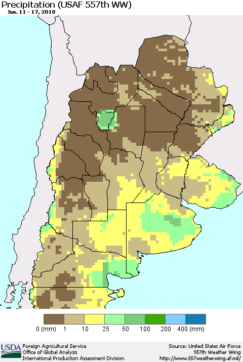 Southern South America Precipitation (USAF 557th WW) Thematic Map For 6/11/2018 - 6/17/2018