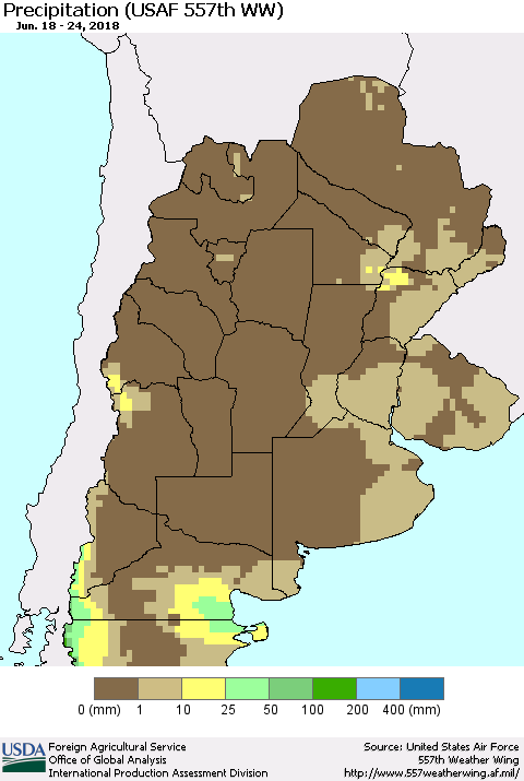 Southern South America Precipitation (USAF 557th WW) Thematic Map For 6/18/2018 - 6/24/2018