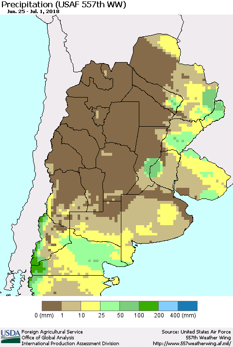 Southern South America Precipitation (USAF 557th WW) Thematic Map For 6/25/2018 - 7/1/2018