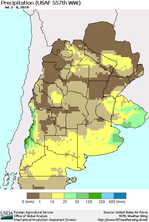 Southern South America Precipitation (USAF 557th WW) Thematic Map For 7/2/2018 - 7/8/2018