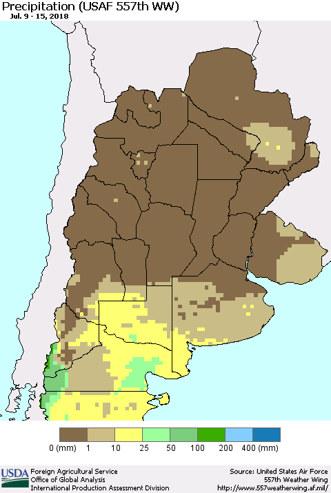 Southern South America Precipitation (USAF 557th WW) Thematic Map For 7/9/2018 - 7/15/2018
