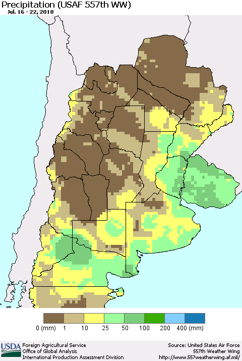 Southern South America Precipitation (USAF 557th WW) Thematic Map For 7/16/2018 - 7/22/2018