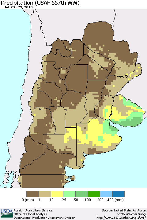 Southern South America Precipitation (USAF 557th WW) Thematic Map For 7/23/2018 - 7/29/2018