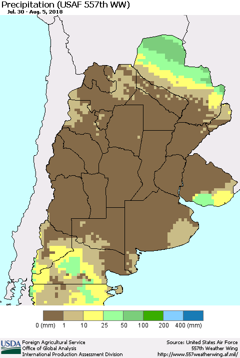 Southern South America Precipitation (USAF 557th WW) Thematic Map For 7/30/2018 - 8/5/2018