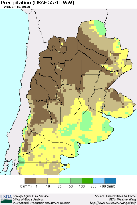 Southern South America Precipitation (USAF 557th WW) Thematic Map For 8/6/2018 - 8/12/2018