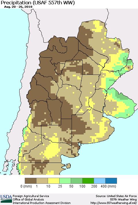 Southern South America Precipitation (USAF 557th WW) Thematic Map For 8/20/2018 - 8/26/2018