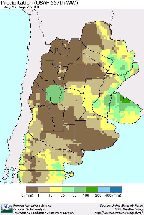 Southern South America Precipitation (USAF 557th WW) Thematic Map For 8/27/2018 - 9/2/2018