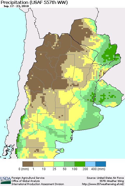 Southern South America Precipitation (USAF 557th WW) Thematic Map For 9/17/2018 - 9/23/2018