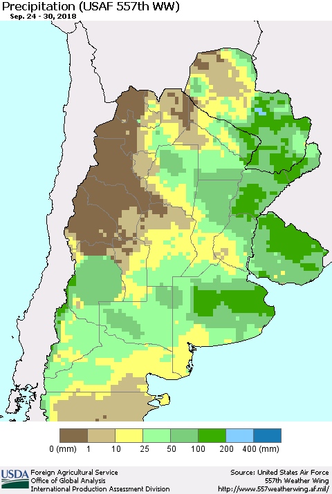 Southern South America Precipitation (USAF 557th WW) Thematic Map For 9/24/2018 - 9/30/2018